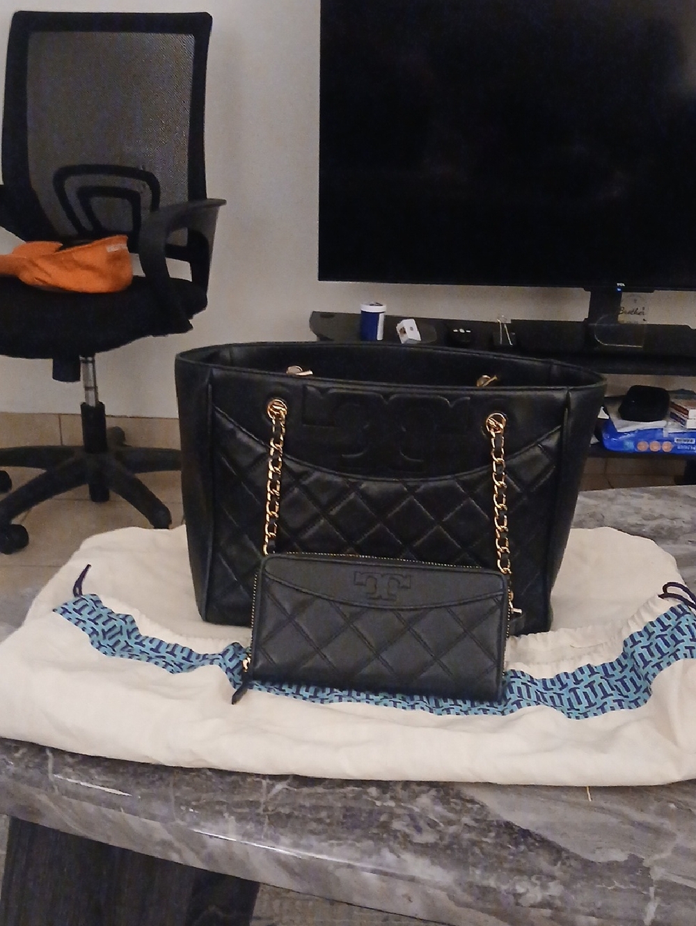 Tory Burch Black Quilted Leather Tote with Chain Handles and Matching Wallet
